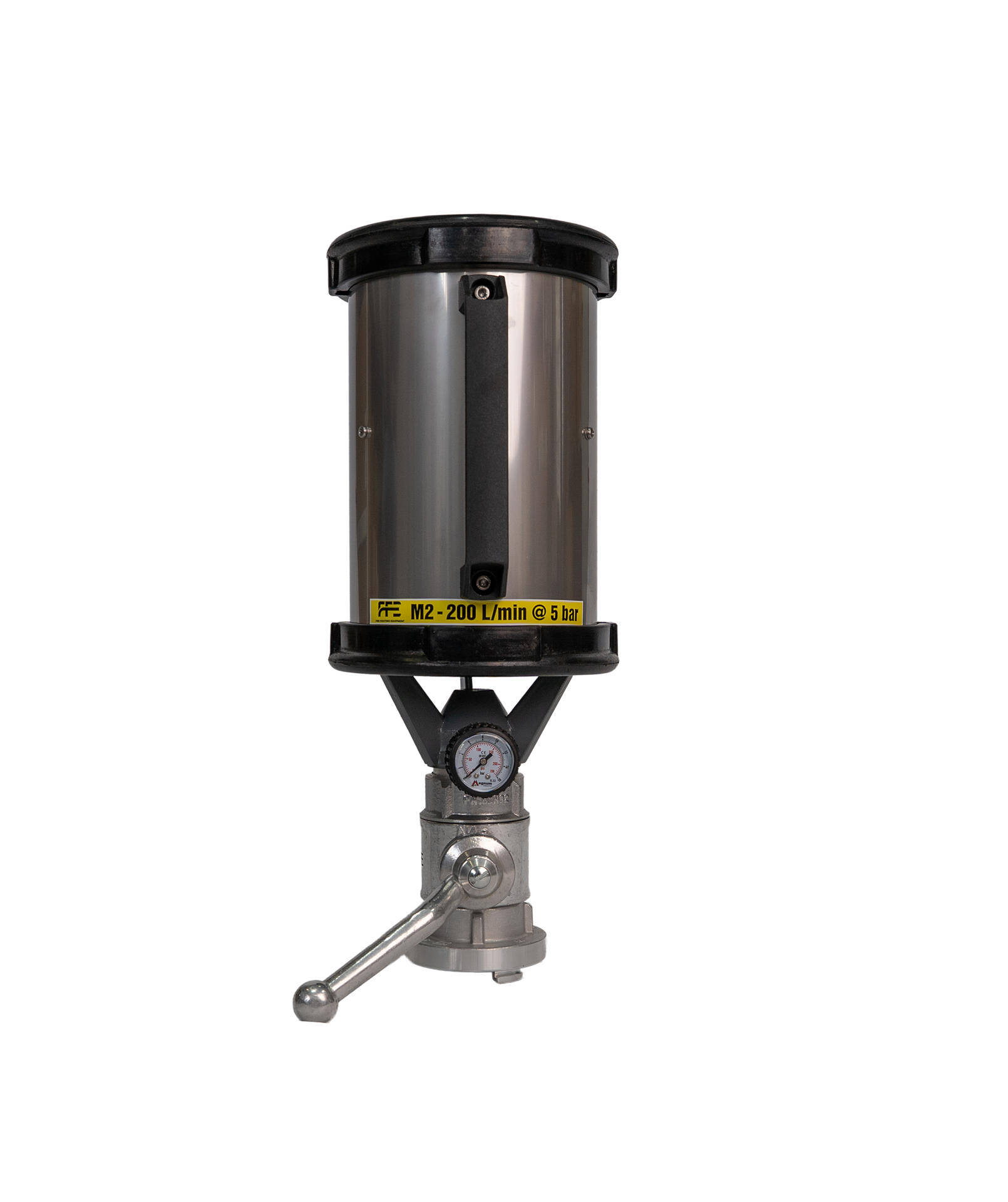 Mittelschaumrohr M2 mit Absperrung, Etikett „FFE · M2 – 200 L/min @ 5 bar“