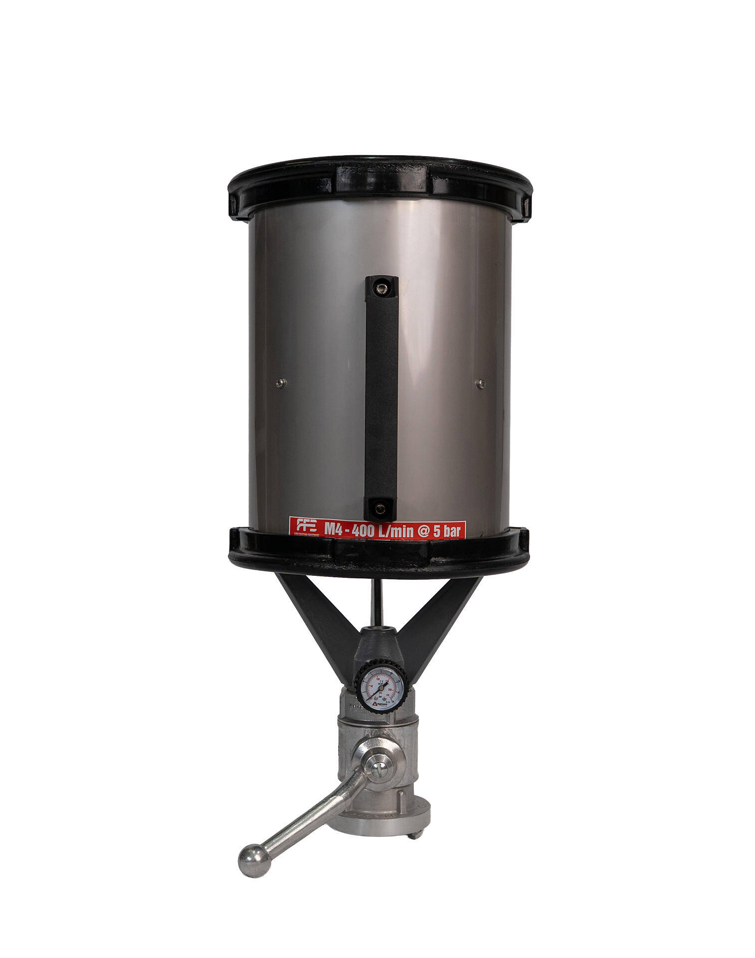 Mittelschaumrohr M4 mit Absperrung, Etikett „FFE · M4 – 400 L/min @ 5 bar“