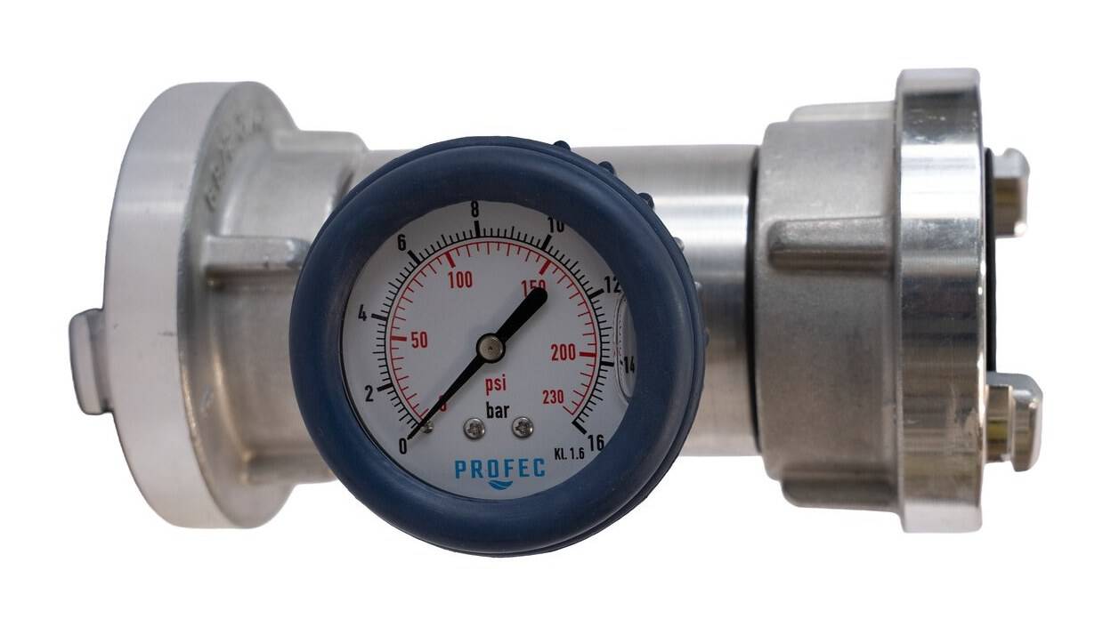 Schlauchmanometer in Zwischenbauweise mit Storz-C-Kupplungen, liegend mit ablesbarer Manometerskala