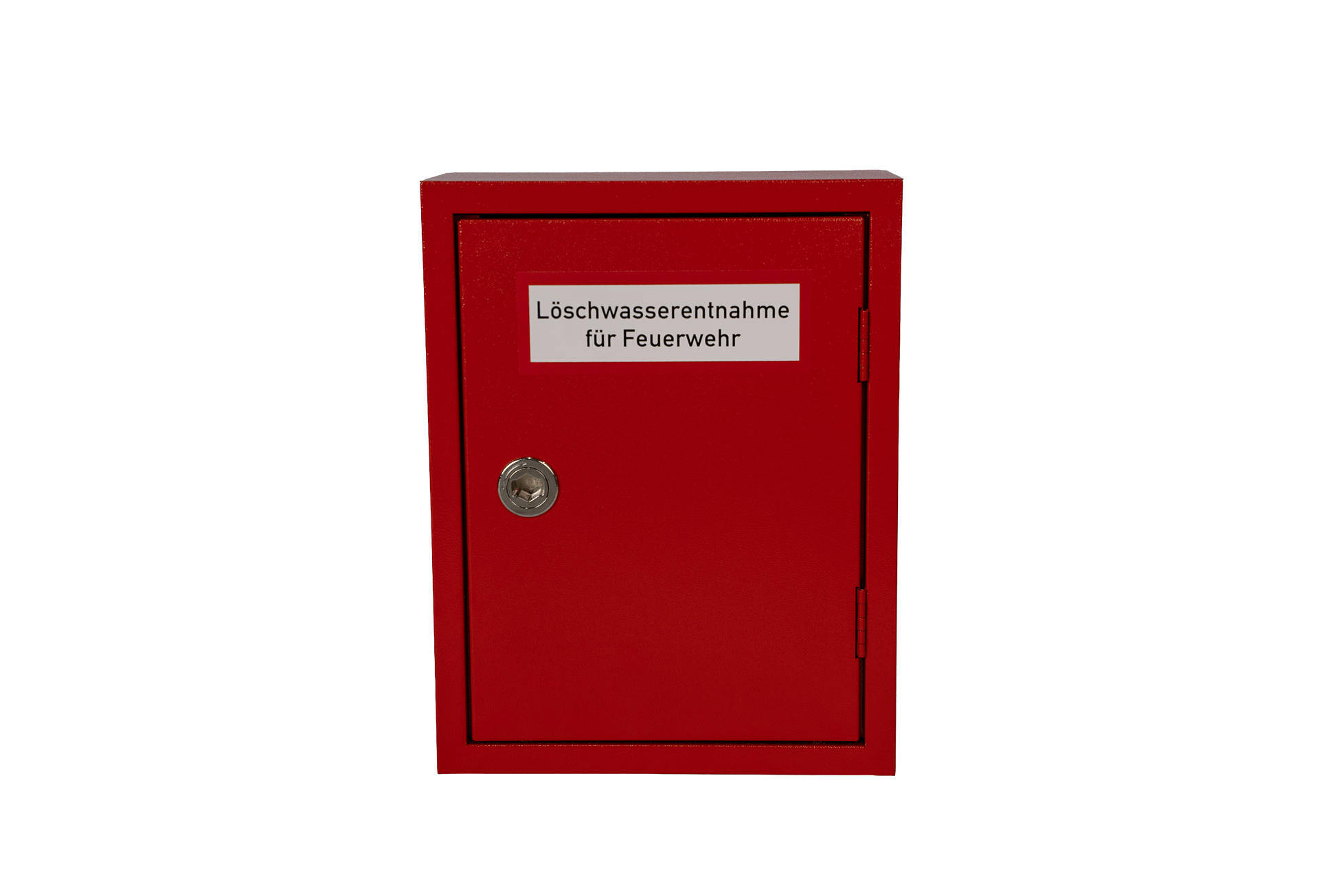 Geschlossener Schutzschrank mit Schild „Löschwasserentnahme für Feuerwehr“